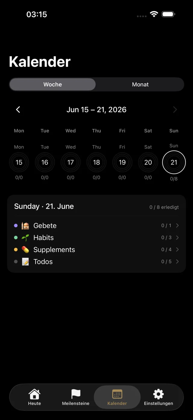DeenLog Calendar screen, prayers, habits, supplements and todos per day