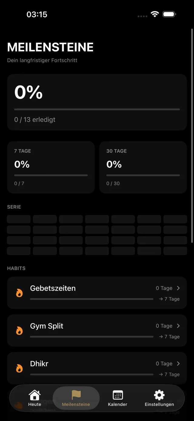 DeenLog Milestones screen, with streaks and progress