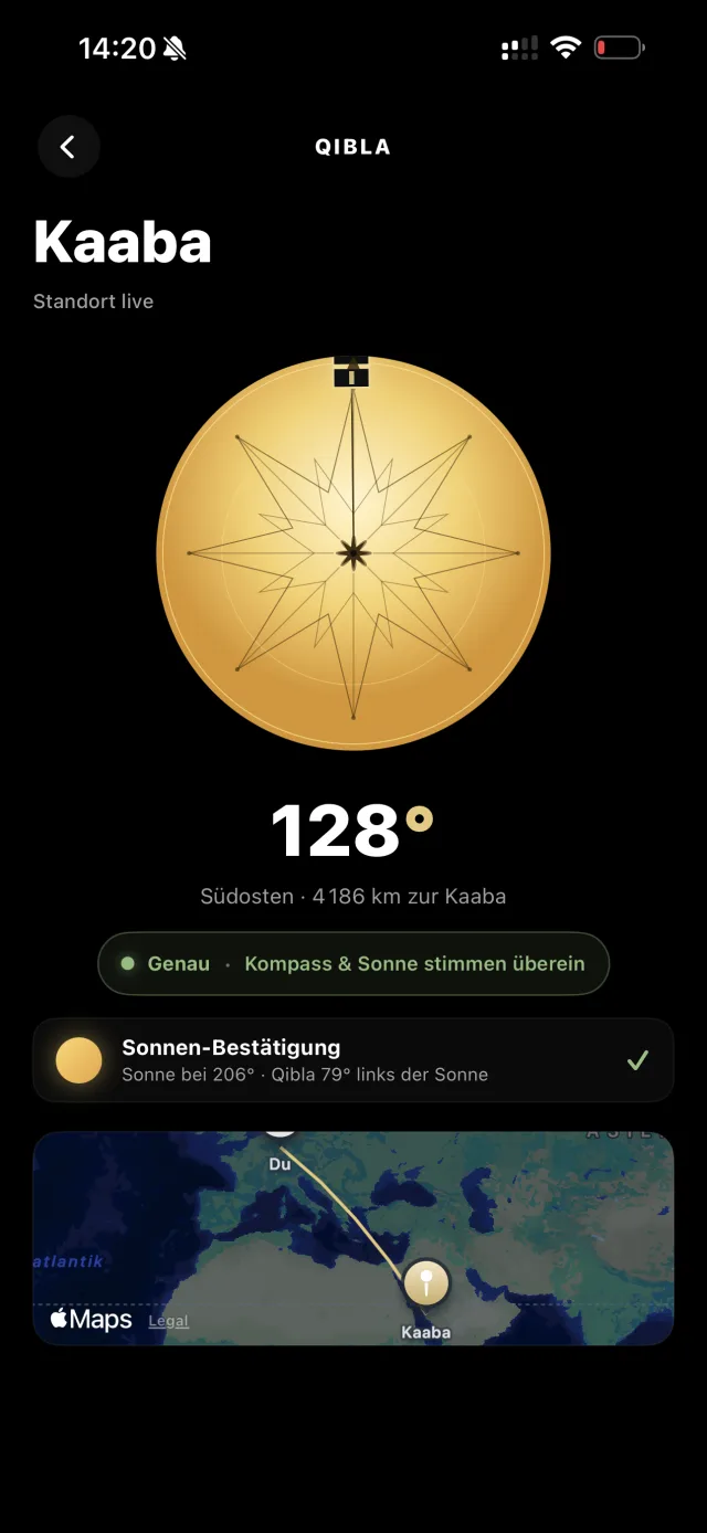 DeenLog Qibla screen, a live gold compass to the Kaaba