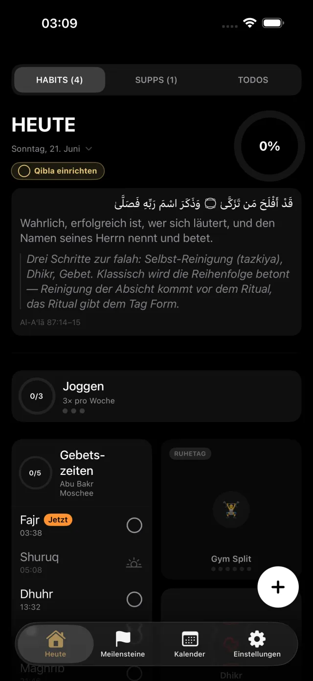 DeenLog Today screen, with prayer times and habits