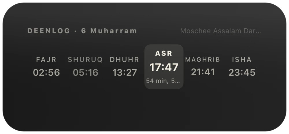 Prayer times row widget, Fajr to Isha